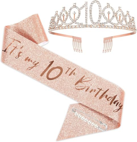 Heanvmyss 10th Birthday Sash and Crown Set,Rose Gold Tiara,Rhinestone Princess Headband,Elegant Queen Glitter Sash,Birthday Decoration Party Accessories for Girls Women