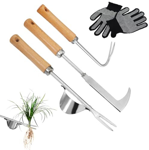 MorLuks Desbrozadora Manual de Acero Inoxidable, con Guantes Antideslizantes, Herramienta para Arrancar Malas Hierbas, para Quitar Malas Hierbas de Jardines, huertos (3PCS)