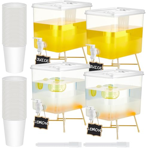 LemonRoad 4 Pack Beverage Dispensers with 60 Pcs Disposable Cups Plastic Drink Dispensers With Stand for Parties Water Dispenser Cold Drink Container for Iced Tea Fridge Bar Party (2.3 Gallon)