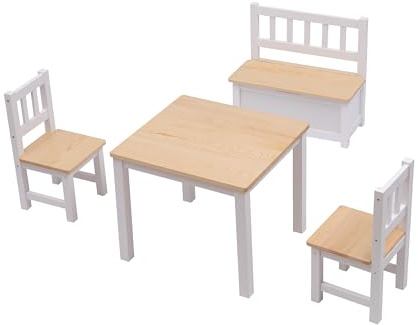 CFDZ Solid Wood Children's Table and Chair Sets Children's Seating 4 Pieces Set Table and 2 Chairs and Storage Bench Kids Play Table and Chairs for Preschoolers Boys and Girls