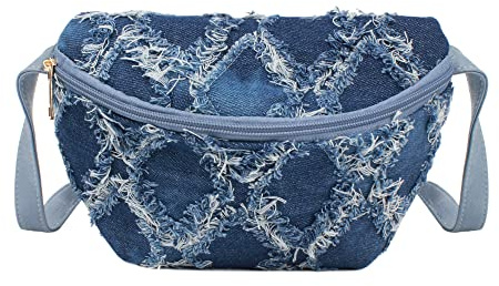 Aisi Women Denim Fanny Pack Bum Waist Bag Lady Multi-Functional Sling Chest Bag with Adjustable Belt