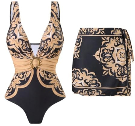 Swimming Costume Women 2 Piece Swimsuits Matching Chiffon Mini Skirts Tummy Control Swimwear V Neck Padded Swimwear with Sarong Beach Cover Up Two Piece Bathing Suit Monokini Beachwear Set Swimdress