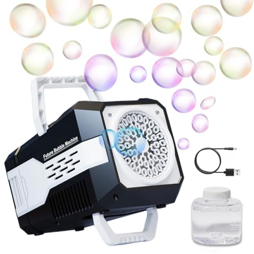 GEPROSMA Machine a Bulle Electrique Automatique, Alimenté par USB ou par Piles, 40 Trous/Bulles Riches/LED, Bulles de Savon Enfant/Adulte/Mariage/Fête d'anniversaire, Jouet Interieur Exterieur