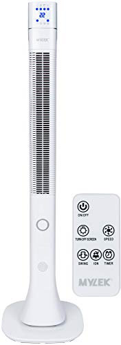 MYLEK Tower Fan 48 Inch Oscillating Bladeless Cooler Air Circulator with Remote Control, Timer and Ioniser, Quiet Bedroom Night Function, 3 Cooling Settings, Temp Display, Home Office White