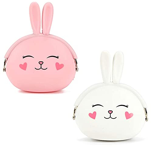 Yuemuop 2 Stücke Geldbörse Aus Silikon, Cartoon Tier Geldbörse, Kaninchen Kindergeldbörse für Mädchen Party Geburtstagsgeschenk (Pink, Weiß)
