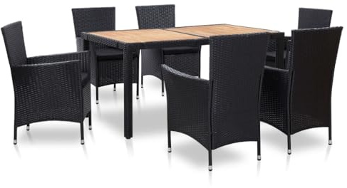 KTHLBRH Juego de muebles de jardín para terraza, muebles de balcón, 7 piezas, juego de comedor con cojines de poliratán, color negro