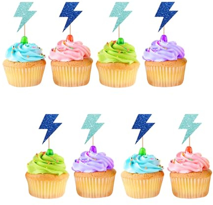 24pcs Lightning Cupcake Toppers, Lightning Bolt Cupcake Toppers, Blue Glitter Weather Cake Decoration for Baby Shower, Lightning Weather Themed Birthday Party Supplies
