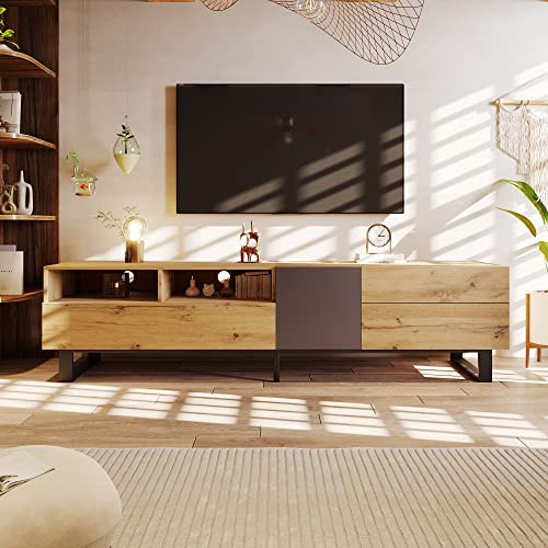 BTM Modern TV Stand, TV Cabinet, TV Stand with 2 Drawers, Cabinet and Open Shelves, Brown Grain Finish, 180x33x50cm