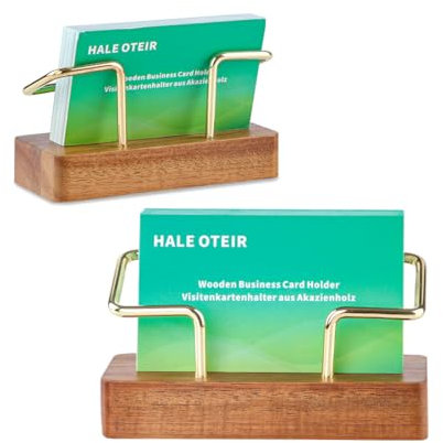 HALE OTEIR Visitenkartenhalter aus Akazienholz – 2 Stück Visitenkarten Halterung, Eleganter Visitenkartenständer für Schreibtisch Visitenkarten, Laden oder Messestand in Holz & Gold Optik