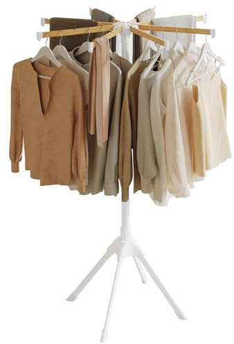 SONGMICS Clothes Drying Rack, with Bamboo Hanging Rods, Foldable Metal Laundry Rack, Space-Saving, Free-Standing Airer, Indoor Use, White and Natural ULLR516W01