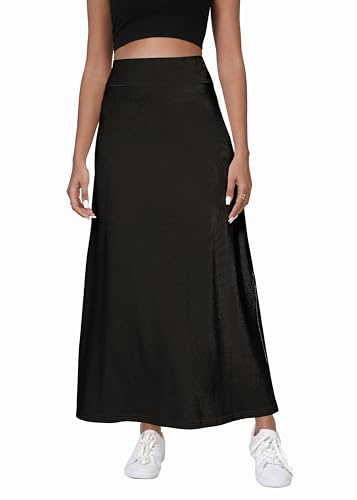 EXCHIC Femmes Confort Épaissie A Ligne Taille Haute Maxi Jupe Élastique Ceinture Tricotées Longues Jupes(L, Noir)