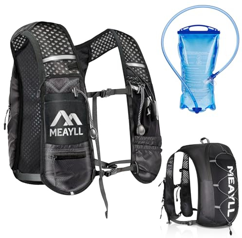 Running Vest with 1L Water Bladder Women Men, Lightweight & Breathable Running Backpack with Reflective Strips and 9 Functional Pockets (Phone Holder) - 5L Capacity Adjustable Black Hydration Vest