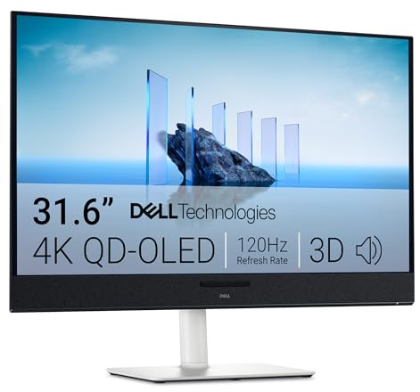 Dell 32 Plus 4K QD-OLED Monitor S3225QC - 31.6-inch (3840 x 2160) 120Hz 0.03ms Display, AI-Enhanced 3D Spatial Audio, Height/Tilt/Swivel/Slant Adjustment - Ash White