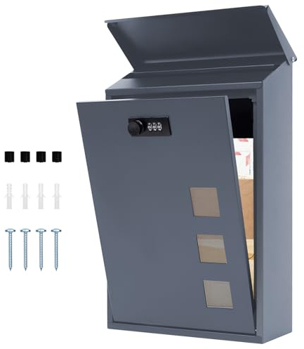 lisetar Post Box Wall Mounted, Steel Mail Box with Combination Lock - Weather-Resistant, 3 Viewing Windows, Rain Cover, Lockable for Outside, 40 x 25 x 10 cm - Anthracite Grey