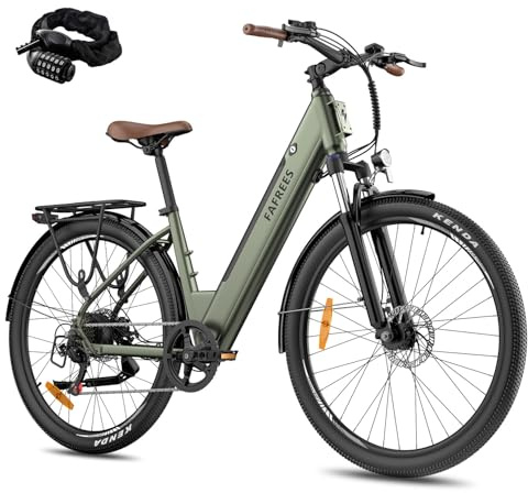 Fafrees F28 PRO Electric Bike for Adults, 16Ah Long-Range Battery, 27.5 Step-Through City E-Bike 250W Motor, 7-Speed Commuter Electric Bicycle, Suspension Fork (GWP Rack Bag, GREEN)