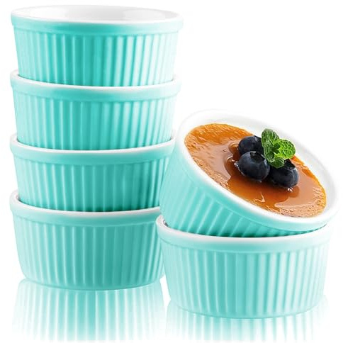 Woobroo Ramekins Set of 6, 200ML Porcelain Souffle Dish,9cm Creme Brulee Dish for Air Fryer & Oven, Mini Bowl for Dips, Sauces, Snacks and Fruits-Blue