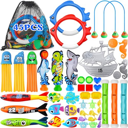 POWLYB 46pcs Giocattoli da Piscina Giocattoli da Immersione Set, Giocattolo Subacqueo, Nuoto Giochi in Piscina, per Bambini Giocattoli da Piscina Giochi Estivi Gioco Acqua Regalo per Bambina