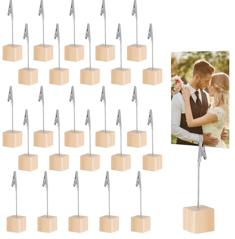 MIPIACE 30 Piezas Portafotos Pinzas Memo Clip Foto Titular Memo con Pinza y Base Porta Fotos Clip Foto Madera Porta Notas Decoración para Oficina Bodas Fiestas Tiendas Restaurantes (Color Madera)