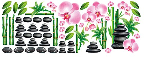 GRAZDesign Wandsticker Set Badezimmer Wellness Massagesteine Bambus und Orchideen Blüten, Wandtattoo 150x57cm