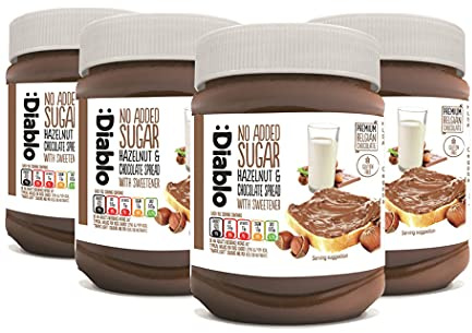 Diablo No Added Sugar Hazelnut Chocolate Spread – Sweetened with Maltitol – Low Sugar Belgian Chocolate Spread for Toast, Waffles, Breakfast, Baking, Healthy Snacking - 350g 4 Pack