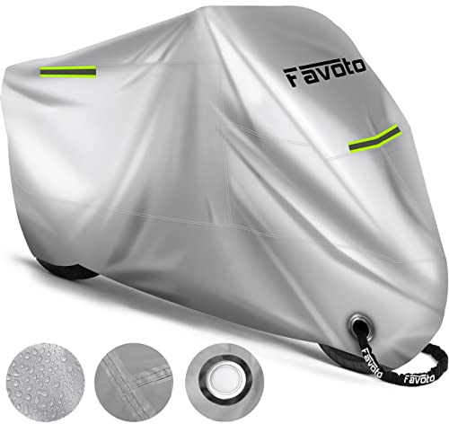 Favoto Housse de Protection pour Moto Imperméable en Oxford 210D avec Coutures Thermosoudées, Bâche Extérieure à l’épreuve de Poussière/Neige/Pluie du Vent des Soleil, 265x105x125cm XXXL Argent