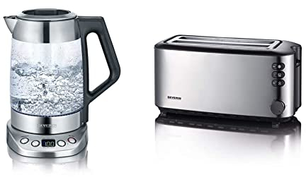 SEVERIN Bouilloire Eau et Thé, 1,7L, 3 000W, Filtre à thé, Température et Temps D'infusion Personnalisables & Grille-Pain Automatique, 2 Fentes Longues, Jusqu'à 4 Tranches, 1 400 W, AT 2509, Inox/Noir