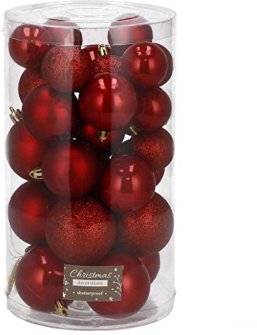 SPRINGOS Lot de 30 boules de Noël artificielles incassables, à paillettes, mates et brillantes, décoration de Noël (rouge)
