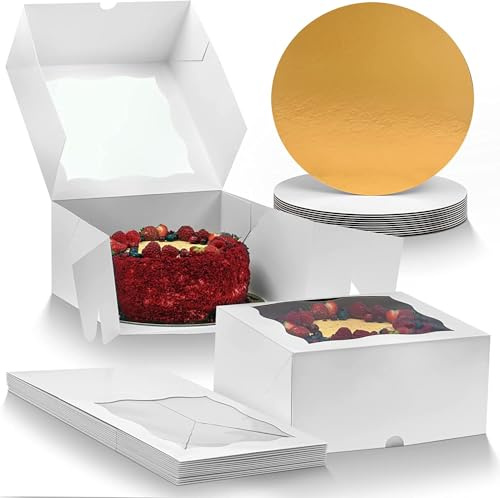 DELIHIDE Premium Cake Boxes with Cake Boards Set - 12 Front-Loading Sturdy Cardboard Cake Boxes 10, 12 White/Gold Greaseproof Boards 10 Inch - Window Cake Box Set