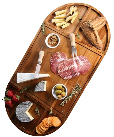 Synergy Loop Large Charcuterie Board Set - 3 Part Unique Long & Round - Magnetic Acacia Wood Cheese Boards & Charcuterie Boards Gift Set - Wooden Tray Serving Cutting Board Platter 26x13