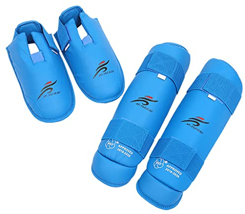 F Fityle Protège-Tibias Protège-Jambes Protège-Tibias Coussinets de Cheville élastiquée pour Pied et Martial Karaté boxeo en tailandia Thai Kickboxing, Bleu, XL