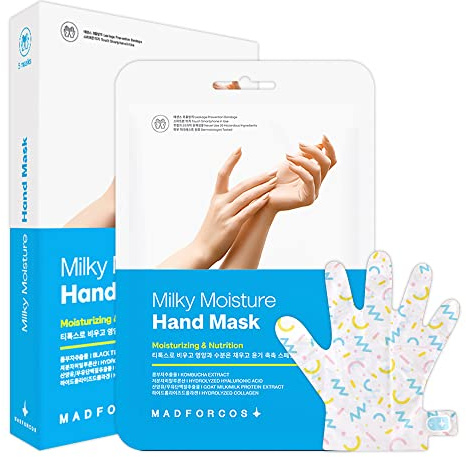 MADFORCOS Moisturizing Hand Mask Gloves for Dry, Cracked Hands – Deep Hydrating Spa Treatment with Goat Milk, Kombucha & Collagen – 5 Pairs