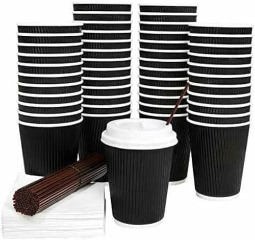 HOT BARGAINS Triple Wall Black Paper Coffee Cups with Reusable Lids, 12oz/360ml Disposable Ripple Cups, Pack of 100