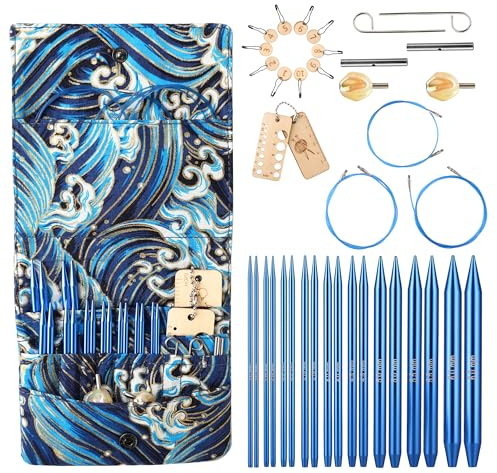 JOZEA Austauschbare Rundstricknadeln mit Etui und Zubehör für arthritische Hände Deluxe-Set, Rund-Aluminium-Set für Strickbegeisterte geeignet,3,00 mm - 6,00 mm