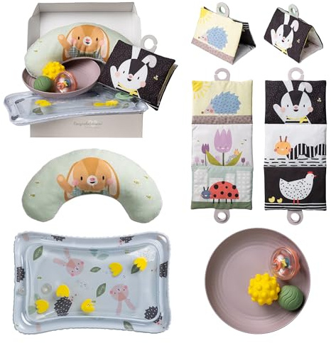 Taf Toys Baby Tummy Time Kit - High Contrast Black and White Crinkle Book, Support Pillow, Activity Water Mat, Sensory Balls, Plate - Newborn Infant Sensory Toy Set