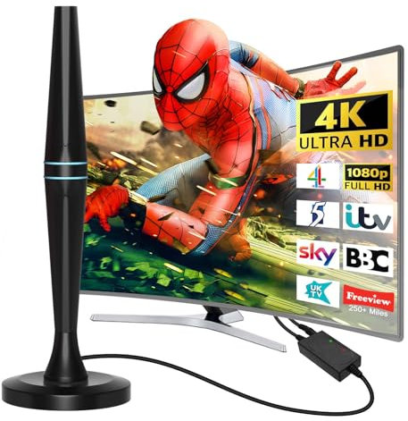 QZUAUKU TV Aerial Indoor- Digital Indoor TV Aerial 250+ Miles Long Range - Amplified HD TV Antenna Indoor for Freeview TV Support 4K 1080P Local TV Channels with Booster & 16.3 ft Coax Cable