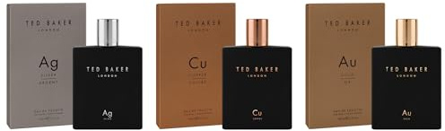 Ted Baker Tonics Collection for Men 3-Piece Eau de Toilette Gift Set Ag Silver, Ag Gold, Cu Copper Woody, Fresh & Masculine Cologne Fragrance Trio for Day & Night Wear 3 x 100ml