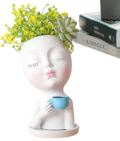 Mädchen trinkt Kaffeepflanzer - Kaffeemädchen Blumentopf | Mit Drainageloch, geschlossenen Augen, Blumentopf aus Kunstharz für Orchideen, Sukkulenten