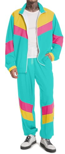 UOUA 80s Outfit for Men 90s Tracksuit Costume for Halloween 70s Windbreaker Jacket Track Suit 2 Piece Hip Hop Set MintGreen 2XL