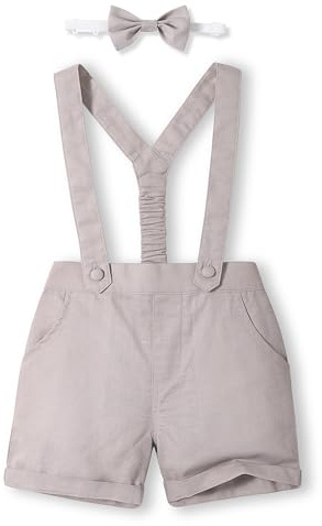 Volunboy Short à Bretelles pour Bébé Garçon, Short D'été Lin avec Bretelles et Nœud Papillon, 3 Pièces(Gris,18-24 Mois,Taille 90)