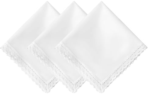 HOULIFE Pure White Handkerchiefs Soft Cotton Women Handkerchief Ladies Hankies with Lace Edge Woman Hanky for Wedding Party