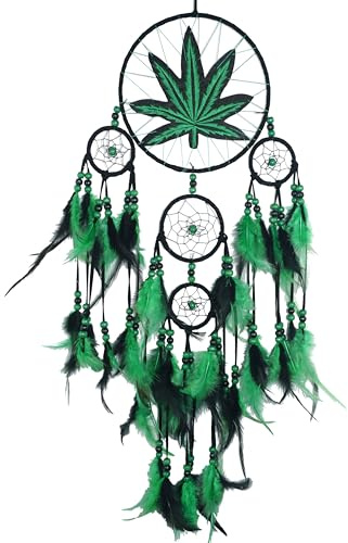 Remorlet Green Leaf Weed Dream Catcher Wall Hanging Decor Bedroom Adult Living Room Home Bohemian Decorations (5 Rings)
