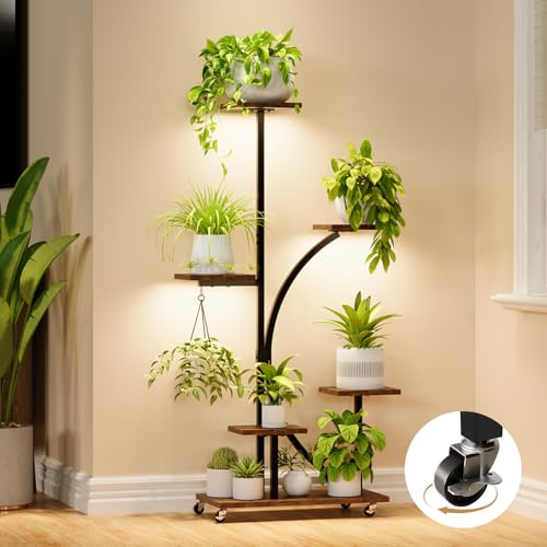 Présentoir à plantes avec lumière de croissance, support à fleurs 6 niveaux 125 cm, présentoir à plantes métal bois avec roulettes de fixation, présentoir à fleurs intérieur extérieur, escalier à