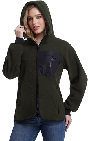 Mnking Giacca Pile Donna Invernale con Cappuccio Cerniera Felpa Sherpa Polar Hoodie Caldo Termica Lavoro Teddy Cappotto per Outdoor Running Trekking Sci FS5563W-Green-2XL