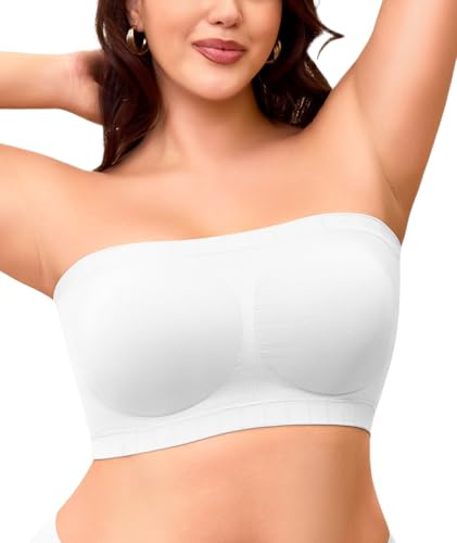 Strapless Bra for Women No Slip Silicone Grip Bandeau Bra with Fixed Pads Convertible Tube Top Bra with Fabric & Clear Straps