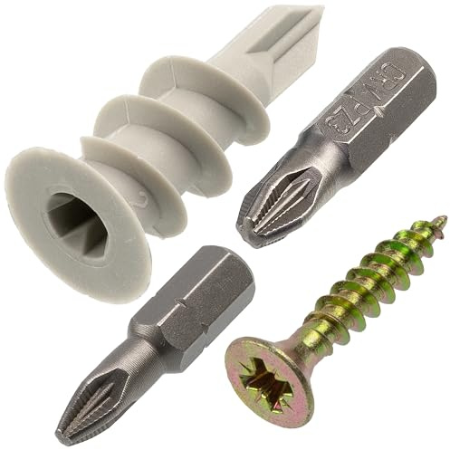 AERZETIX - Sats med 10 gipsankare Ø13x34 mm i nylon + 10 träskruvar Ø4.5x25 mm + 2 bits PZ2/PZ3 1/4x25 mm | för gipsväggar