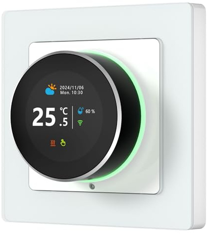 AMONIDA Smart Knob-termostat, Programmerbar WiFi-pekskärmstemperaturkontroll för Hemmakontor, med Färgglatt Omgivande Ljus, APP Googles Assistent Röststyrning