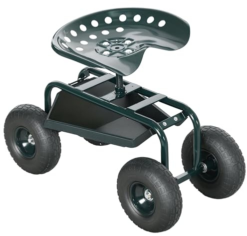 Outsunny Carrello da Giardino con Sedile Regolabile in Altezza e Vassoio Inferiore Porta Attrezzi, Sgabello da Giardinaggio con Ruote Grandi, per Esterno, Patio e Giardino, Verde Scuro