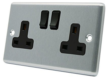 AET CSC2GSOCBL 13 A 2-Gang Satin Finish Chrome Classical Double Plug Socket with Black Insert Plastic Rocker Switch