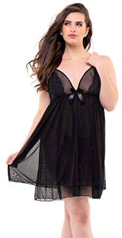 Perfect4U Sexy Plus Size Lingerie UK, Double Layer Elegant Black Nighties For Women Plus Sizes 18-20,22-24,26-28,30-32 - Less See-Through Negligee (30-32, Black 493)