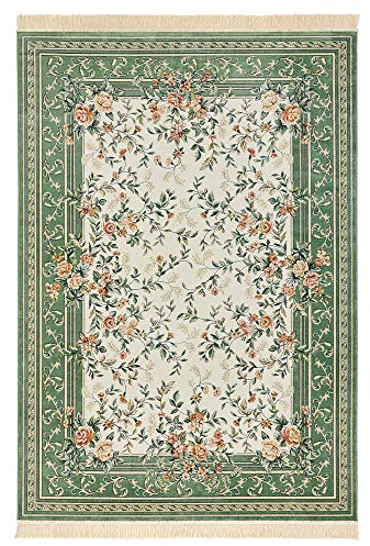 Nouristan Naveh Orient Teppich – Wohnzimmerteppich Orientalisch Kurzflor mit Fransen Vintage Orientalischer Samt-Teppich für Esszimmer, Wohnzimmer, Schlafzimmer – Creme Grün, 195x300cm